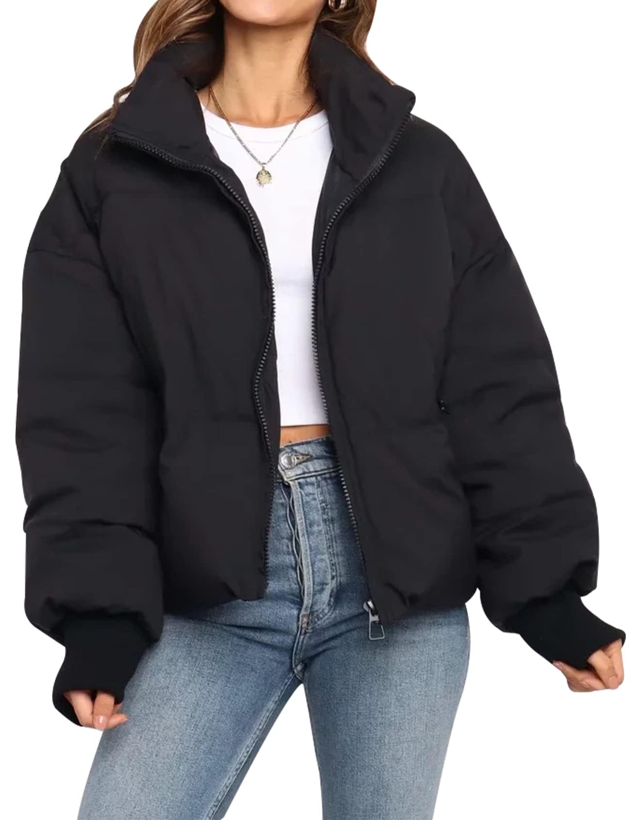 Flygo Winter Cropped Puffer Jacket Coats for Women 2025 Short Warm Quilted Jackets Outerwear with Pockets